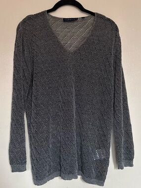 Gray V-Neck Mesh Knit Sweater